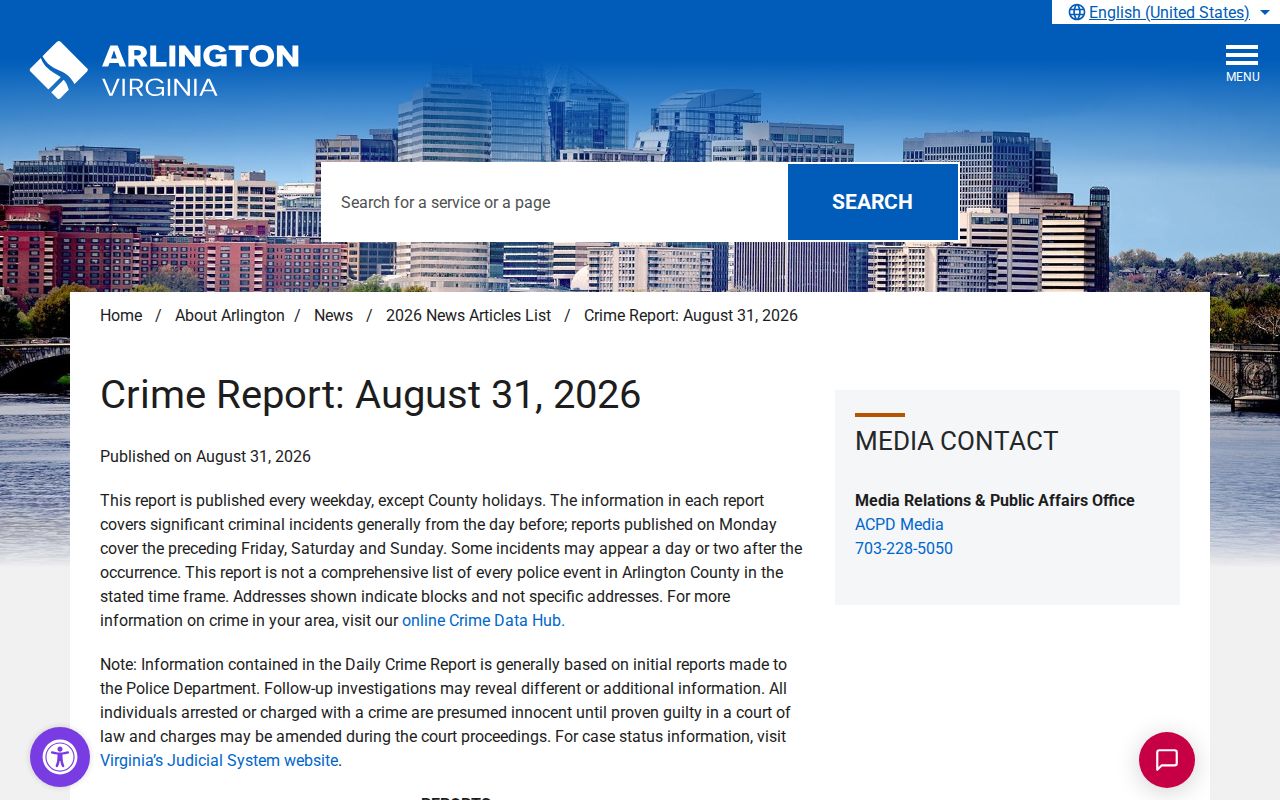 Arlington County Police Daily Crime Report arrest record source