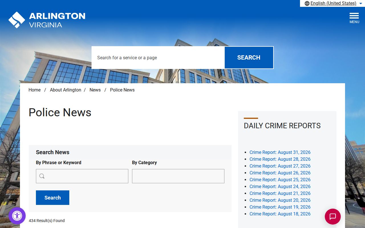 Arlington County ACPD Police News index for crime reports and arrest releases