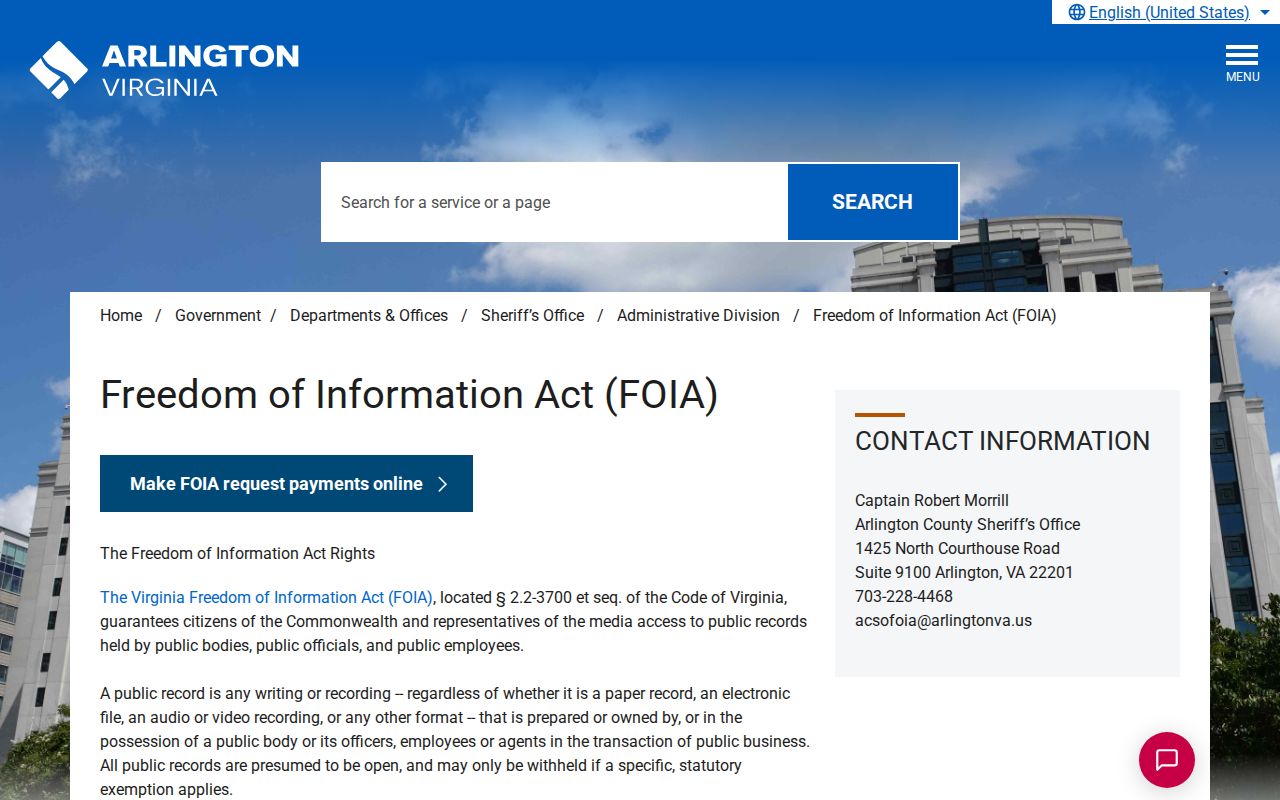 Arlington County Sheriff booking record FOIA information
