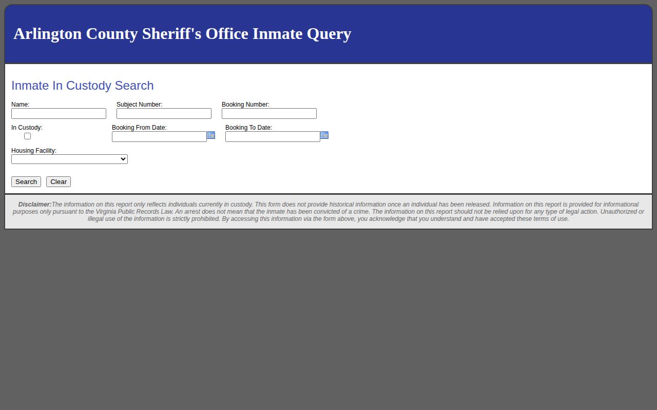 Arlington County ACDF current custody record search form