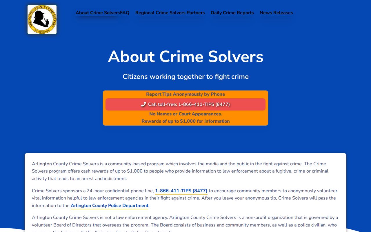 Arlington County Crime Solvers anonymous crime-tip record resource