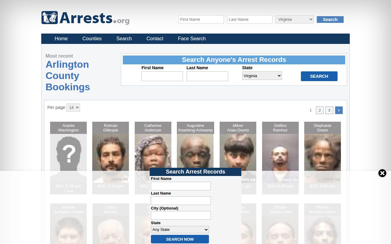 Arrests.org Arlington unofficial booking-listing page