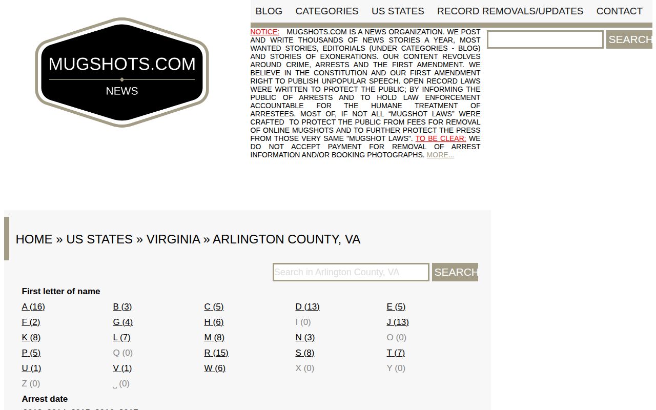 Mugshots.com Arlington County unofficial record-listing page